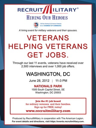 A hiring event for military veterans and their spouses.


    VETERANS
HELPING VETERANS
    GET JOBS.
Through our last 11 events, veterans have received over
      2,500 interviews and over 1,000 job offers.

              WASHINGTON, DC
                 June 28, 2012  11-3 PM
                      NATIONALS PARK
                    1500 South Capitol Street, SE
                       Washington, DC 20003


                        Join the #1 job board
              for military veterans and their families.
                       Sign up for FREE, today!
              www.recruitmilitary.com

Produced by RecruitMilitary in cooperation with The American Legion.
For event details and directions, visit https://events.recruitmilitary.com.
 