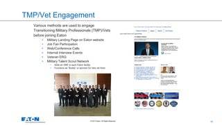 68© 2013 Eaton. All Rights Reserved..
Eaton Vet Engagement & Retention
Internal engagement & retention
• Veteran ERG
• Mil...
