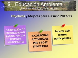 Educación Ambiental 
¿Biodiversidad?.. sigue el sendero 
Objetivos y Mejoras para el Curso 2012-13 
 