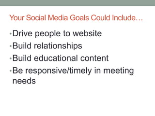Your Social Media Goals Could Include…Drive people to websiteBuild relationshipsBuild educational contentBe responsive/timely in meeting needs