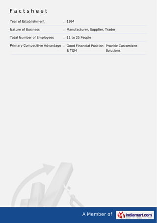 Factsheet
Year of Establishment

: 1994

Nature of Business

: Manufacturer, Supplier, Trader

Total Number of Employees

: 11 to 25 People

Primary Competitive Advantage : Good Financial Position Provide Customized
& TQM

Solutions

A Member of

 