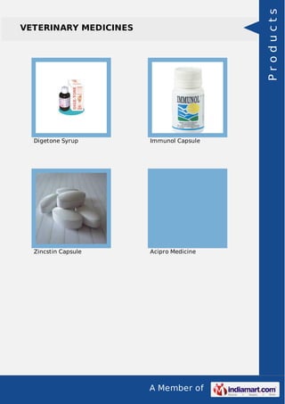 Products

VETERINARY MEDICINES

Digetone Syrup

Immunol Capsule

Zincstin Capsule

Acipro Medicine

A Member of

 