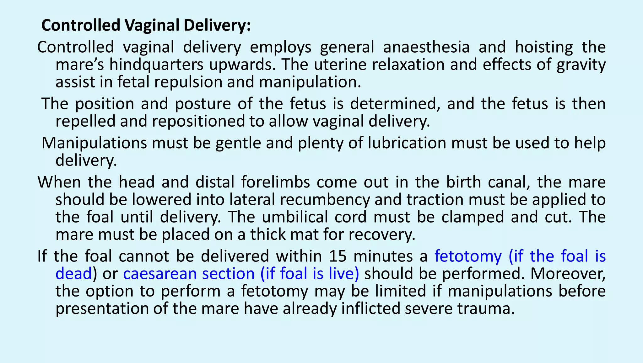 Controlled Vaginal Delivery:
Controlled vaginal delivery employs general anaesthesia and hoisting the
mare’s hindquarters upwards. The uterine relaxation and effects of gravity
assist in fetal repulsion and manipulation.
The position and posture of the fetus is determined, and the fetus is then
repelled and repositioned to allow vaginal delivery.
Manipulations must be gentle and plenty of lubrication must be used to help
delivery.
When the head and distal forelimbs come out in the birth canal, the mare
should be lowered into lateral recumbency and traction must be applied to
the foal until delivery. The umbilical cord must be clamped and cut. The
mare must be placed on a thick mat for recovery.
If the foal cannot be delivered within 15 minutes a fetotomy (if the foal is
dead) or caesarean section (if foal is live) should be performed. Moreover,
the option to perform a fetotomy may be limited if manipulations before
presentation of the mare have already inflicted severe trauma.
 