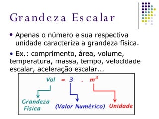 Grandeza Escalar Apenas o número e sua respectiva unidade caracteriza a grandeza física. Ex.: comprimento, área, volume, temperatura, massa, tempo, velocidade escalar, aceleração escalar... 