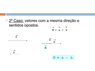    2º Caso: vetores com a mesma direção e
    sentidos opostos.
                               R = a +   b

          a
                           a
                               b

                       R
      b

                               R = a -       b
 