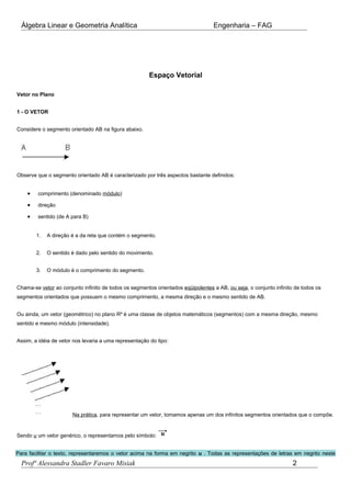 Álgebra Linear e Geometria Analítica Engenharia – FAG
Espaço Vetorial
Vetor no Plano
1 - O VETOR
Considere o segmento orientado AB na figura abaixo.
Observe que o segmento orientado AB é caracterizado por três aspectos bastante definidos:
• comprimento (denominado módulo)
• direção
• sentido (de A para B)
1. A direção é a da reta que contém o segmento.
2. O sentido é dado pelo sentido do movimento.
3. O módulo é o comprimento do segmento.
Chama-se vetor ao conjunto infinito de todos os segmentos orientados eqüipolentes a AB, ou seja, o conjunto infinito de todos os
segmentos orientados que possuem o mesmo comprimento, a mesma direção e o mesmo sentido de AB.
Ou ainda, um vetor (geométrico) no plano R² é uma classe de objetos matemáticos (segmentos) com a mesma direção, mesmo
sentido e mesmo módulo (intensidade).
Assim, a idéia de vetor nos levaria a uma representação do tipo:
Na prática, para representar um vetor, tomamos apenas um dos infinitos segmentos orientados que o compõe.
Sendo u um vetor genérico, o representamos pelo símbolo:
Para facilitar o texto, representaremos o vetor acima na forma em negrito u . Todas as representações de letras em negrito neste
Profª Alessandra Stadler Favaro Misiak 2
 