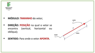  MÓDULO: TAMANHO do vetor;
 DIREÇÃO: POSIÇÃO na qual o vetor se
encontra (vertical, horizontal ou
oblíqua);
 SENTIDO: Para onde o vetor APONTA.
 