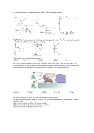 8. Calcule o módulo do vetor resultante do vetor e em cada caso abaixo.
9. (PUC-BA) Nas figuras seguintes estão representados pares de vetores e nos quais cada segmento
orientado está subdividido em segmentos unitários.
Quais destes pares têm a mesma resultante?
a) 1 e 5. b) 2 e 4. c) 3 e 5. d) 2 e 3. e) 2 e 5.
10. Um paciente é submetido a uma tração, conforme indicada na figura, onde as roldanas P e R e o
ponto de apoio Q no queixo estão no mesmo plano horizontal. Nessas condições, pode-se afirmar que a
intensidade da força resultante, aplicada no queixo do paciente, vale aproximadamente:
a) 12 kgf b) 33 kgf c) 32 kgf d) 42 kgf e)52 kgf
11. Sobre uma partícula agem as quatro forças representadas na figura
02-Dados dois vetores a e b, sendo a = 20 u e b = 15 u, determine o módulo do vetor soma de a e b nos
seguintes casos:
a) os vetores a e b são paralelos e de mesmo sentido.
b) Os vetores a e b são paralelos e de sentidos contrários.
c) Os vetores a e b são perpendiculares entre si.
 