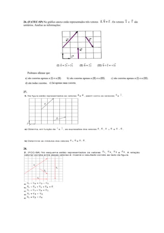 26. (FATEC-SP) No gráfico anexo estão representados três vetores . Os vetores e são
unitários. Analise as informações:
27.
28.
 