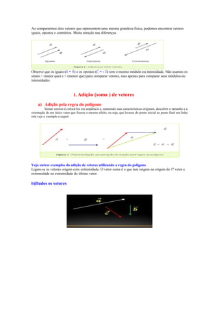 Ao compararmos dois vetores que representem uma mesma grandeza física, podemos encontrar vetores
iguais, opostos e contrários. Muita atenção nas diferenças.
Observe que os iguais ( = ) e os opostos ( = - ) tem o mesmo módulo ou intensidade. Não usamos os
sinais > (maior que) e < (menor que) para comparar vetores, mas apenas para comparar seus módulos ou
intensidades.
1. Adição (soma ) de vetores
a) Adição pela regra do polígono
Somar vetores é colocá-los em seqüência e, mantendo suas características originais, descobrir o tamanho e a
orientação de um único vetor que fizesse o mesmo efeito, ou seja, que levasse do ponto inicial ao ponto final em linha
reta.veja o exemplo a seguir:
Veja outros exemplos da adição de vetores utilizando a regra do polígono
Ligam-se os vetores origem com extremidade. O vetor soma é o que tem origem na origem do 1º vetor e
extremidade na extremidade do último vetor.
b)Dados os vetores
 
