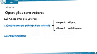 Vetores
Operações com vetores
1.0) Adiçãoentredois vetores:
1.1)Representaçãográfica(AdiçãoVetorial)
1.2)AdiçãoAlgébrica
- Regra do polígono;
- Regra do paralelogramo.
13
 