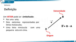 Vetores
Definição
A
B
a
a = B - A
Um VETOR pode ser simbolizado:
 Por uma seta;
 Dois extremos representados por
letras maiúsculas;
 Uma letra minúscula com uma
pequena seta em cima.
Origem
Extremidade
6
 