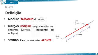 Vetores
Definição
 MÓDULO: TAMANHO do vetor;
 DIREÇÃO: POSIÇÃO na qual o vetor se
encontra (vertical, horizontal ou
oblíqua);
 SENTIDO: Para onde o vetor APONTA.
7
 