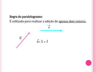 Regra do paralelogramo:
É utilizada para realizar a adição de apenas dois vetores.
S= u + v
u
v
 