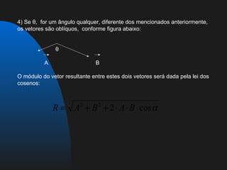 4) Se θ, for um ângulo qualquer, diferente dos mencionados anteriormente,
os vetores são oblíquos, conforme figura abaixo:


               θ

          A                    B

O módulo do vetor resultante entre estes dois vetores será dada pela lei dos
cosenos:



              R = A2 + B 2 + 2 ⋅ A ⋅ B ⋅ cos α
 