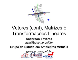 Vetores (cont), Matrizes e
 Transformações Lineares
          Anderson Tavares
         acmt@ecomp.poli.br
Grupo de Estudo em Ambientes Virtuais
          geav.ecomp.poli.br
 