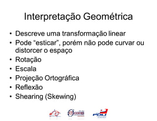 Interpretação Geométrica
• Descreve uma transformação linear
• Pode “esticar”, porém não pode curvar ou
  distorcer o espaço
• Rotação
• Escala
• Projeção Ortográfica
• Reflexão
• Shearing (Skewing)
 