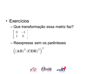 • Exercícios
  – Que transformação essa matriz faz?



  – Reexpresse sem os parênteses
 