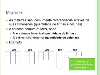 MATRIZES
 As matrizes são, comumente referenciadas através de
suas dimensões (quantidade de linhas e colunas)
 A notação comum é: MxN, onde
 M é a dimensão vertical (quantidade de linhas)
 N é dimensão horizontal (quantidade de colunas)
 Exemplo:
3x3 3x2 2x3 4x1 1x3
Vetores: a
quantidade de linhas
é sempre 1!
 