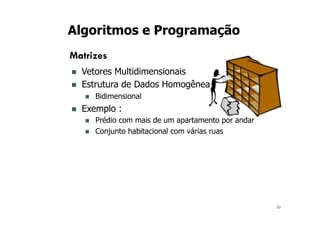 10
Algoritmos e Programação
Matrizes
n Vetores Multidimensionais
n Estrutura de Dados Homogênea
n Bidimensional
n Exemplo :
n Prédio com mais de um apartamento por andar
n Conjunto habitacional com várias ruas
 