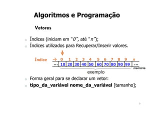 3
Algoritmos e Programação
Vetores
o Índices (iniciam em “0”, até “n”);
o Índices utilizados para Recuperar/Inserir valores.
o Forma geral para se declarar um vetor:
o tipo_da_variável nome_da_variável [tamanho];
Índice à 0 1 2 3 4 5 6 7 8 9 n
10 20 30 40 50 60 70 80 90 99
 