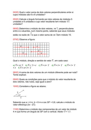 04VE) Qual o vetor soma de dois vetores perpendiculares entre si
cujos módulos são 6 e 8 unidades?
05VE) Calcule o ângulo formando por dois vetores de módulos 5
unidades e 6 unidades e cujo vetor resultante tem módulo
unidades?
06VE) Determine o módulo de dois vetores, e , perpendiculares
entre si e atuantes, num mesmo ponto, sabendo que seus módulos
estão na razão de e que o vetor soma de e tem módulo 10.
07VE) Observe a figura:
Qual o módulo, direção e sentido do vetor , em cada caso:
a) = + b) = + c) = + d) = + e) = +
+ f) = + +
08VE) A soma de dois vetores de um módulo diferente pode ser nula?
Tente explicar.
09VE) Quais as condições para que o módulo do vetor resultante de
dois vetores, não nulos, seja igual a zero?
10VE) Considere a figura ao abaixo.
Sabendo que a = 4 m, b = 6 m e cos 30º = 0,8, calcule o módulo do
vetor diferença (3 - 2 )
11VE) Determine o módulo das componentes de um vetor de módulo
4 m que forma um ângulo de 30º com a vertical. Adote = 1,7.
 