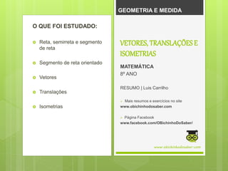 GEOMETRIA E MEDIDA
O QUE FOI ESTUDADO:
 Reta, semirreta e segmento
de reta
 Segmento de reta orientado
 Vetores
 Translações
 Isometrias
www.obichinhodosaber.com
VETORES, TRANSLAÇÕES E
ISOMETRIAS
MATEMÁTICA
8º ANO
RESUMO | Luis Carrilho
 Mais resumos e exercícios no site
www.obichinhodosaber.com
 Página Facebook
www.facebook.com/OBichinhoDoSaber/
 