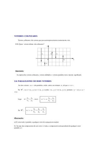 VETORES COLINEARES
Vetores colineares são vetores que possuemrepresentantes numa mesma reta.
E10) Quais vetores abaixo são colineares?
y
v1 v2 v3
0 v4 x
v5
Importante:
As expressões vetores colineares, vetores múltiplos e vetores paralelos tem o mesmo significado.
2.8. PARALELISMO DE DOIS VETORES
Se dois vetores u e v são paralelos, então existe um número  , tal que u = v .
No 2
 , se u = ( x1 , y1 ) e v = ( x2 , y2 ) então ( x1 , y1 ) = ( x2 , y2 ) e portanto x1 =  x2 e y1 =
 y2 .
Logo
2
1
2
1
y
y
x
x
α  , isto é u // v 
2
1
2
1
y
y
x
x

No
3
 , u // v 
2
1
2
1
2
1
z
z
y
y
x
x

Observações:
a) O vetornulo é paralelo a qualquer vetor do espaço(convenção).
b) Se uma das componentes de um vetor v é nula, a componente correspondente de qualquer vetor
paralelo a v
 