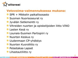 Vetovoima-valmennuksessa mukana:
SPR + Mikkelin paikallisosasto
Suomen Nuorisoseurat ry
Jyvälän Setlementti ry
Vihreiden n...