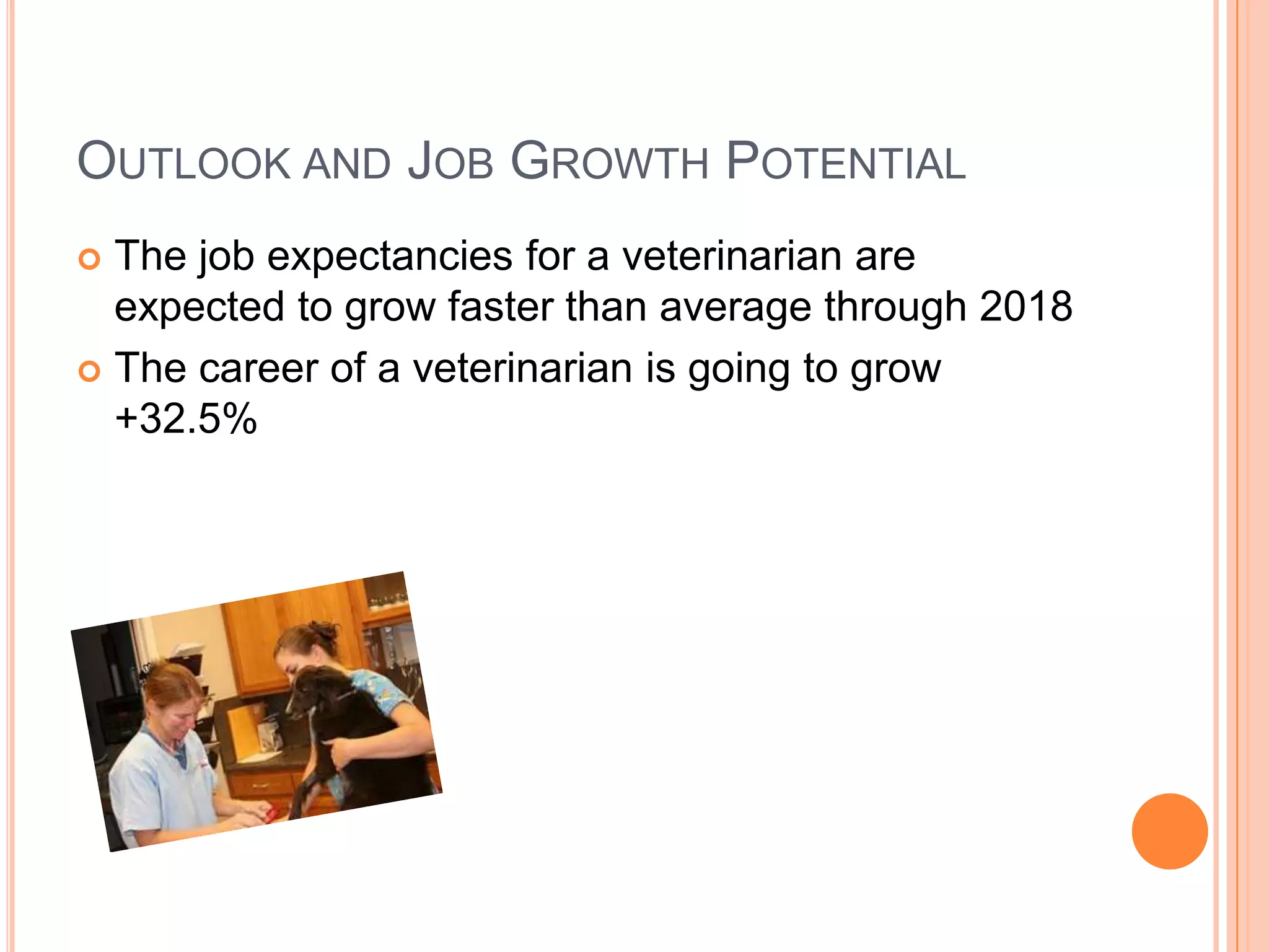 OUTLOOK AND JOB GROWTH POTENTIAL
 The job expectancies for a veterinarian are
  expected to grow faster than average through 2018
 The career of a veterinarian is going to grow
  +32.5%
 