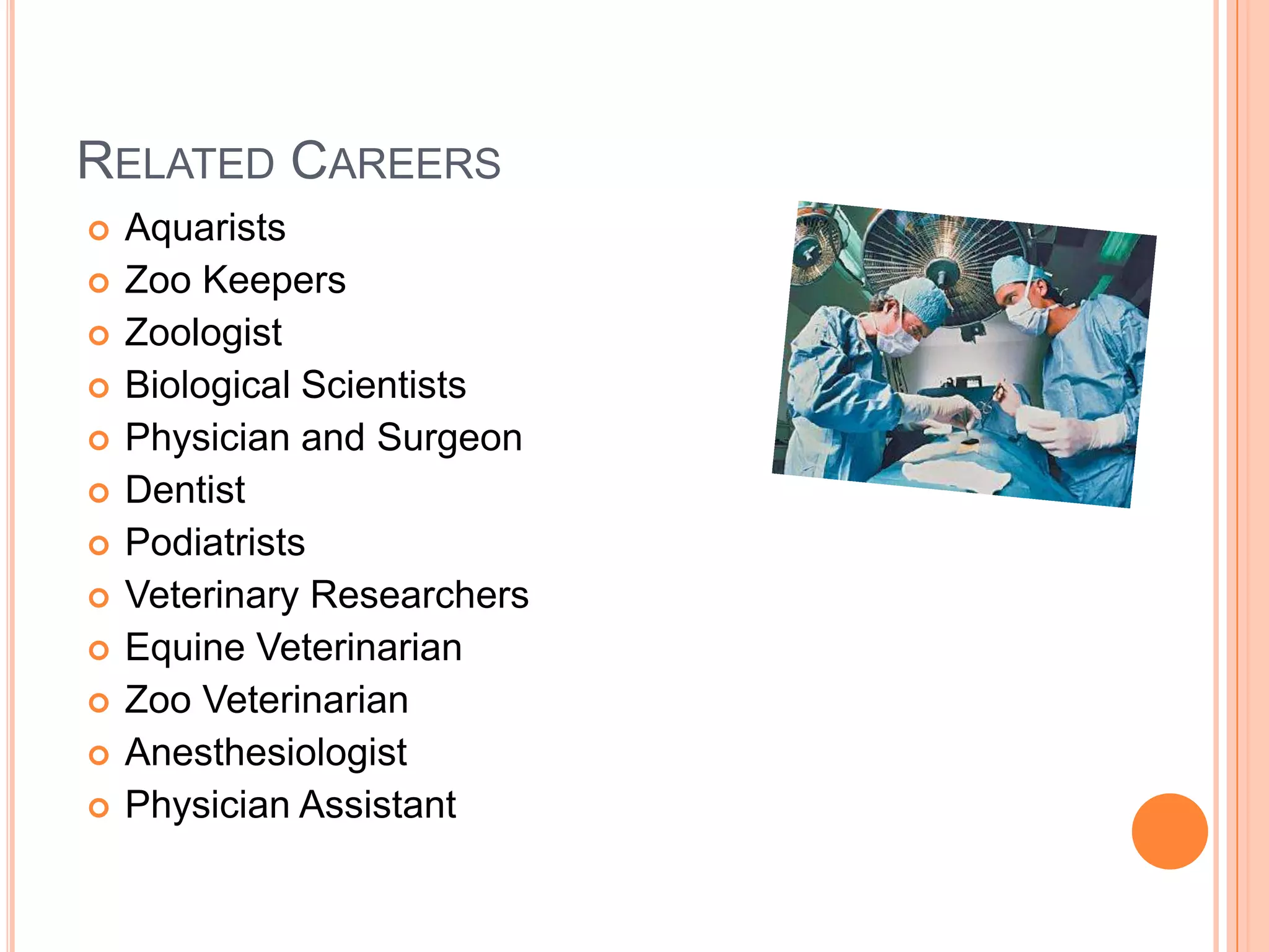 RELATED CAREERS
   Aquarists
   Zoo Keepers
   Zoologist
   Biological Scientists
   Physician and Surgeon
   Dentist
   Podiatrists
   Veterinary Researchers
   Equine Veterinarian
   Zoo Veterinarian
   Anesthesiologist
   Physician Assistant
 