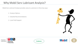 Why Mobil Serv Lubricant Analysis?
 Analysis Options
 Detailed Recommendations
 Local Field Support
Mobil Serv Lubricant Analysis provides value to customers in three key ways:
 