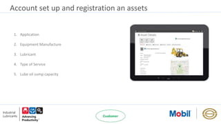 Account set up and registration an assets
1. Application
2. Equipment Manufacture
3. Lubricant
4. Type of Service
5. Lube oil sump capacity
 