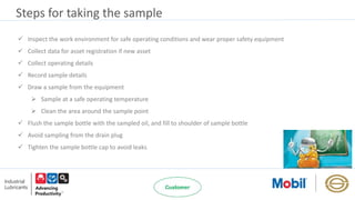 Steps for taking the sample
 Inspect the work environment for safe operating conditions and wear proper safety equipment
 Collect data for asset registration if new asset
 Collect operating details
 Record sample details
 Draw a sample from the equipment
 Sample at a safe operating temperature
 Clean the area around the sample point
 Flush the sample bottle with the sampled oil, and fill to shoulder of sample bottle
 Avoid sampling from the drain plug
 Tighten the sample bottle cap to avoid leaks
 