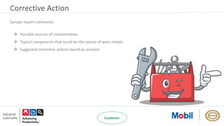 Corrective Action
 Possible sources of contamination
 Typical components that could be the source of wear metals
 Suggested corrective actions based on analysis
Sample report comments:
 