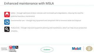 Enhanced maintenance with MSLA
Safety – through optimized oil drain intervals and minimized parts degradation, reducing the need for
potential hazardous maintenance
Environmental care – through long equipment and component life to minimize waste and disposal
Productivity – through improved equipment planning and maintenance, which can help ensure production
reliability
 