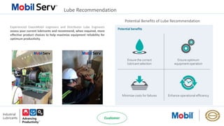 Lube Recommendation
Potential Benefits of Lube Recommendation
Experienced ExxonMobil engineers and Distributor Lube Engineers
assess your current lubricants and recommend, when required, more
effective product choices to help maximize equipment reliability for
optimum productivity.
 