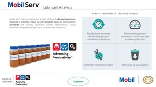 Lubricant Analysis
Potential Benefits of Lubricant Analysis
Mobil Serv℠ Lubricant Analysis is a state of the art oil analysis program
designed to monitor critical use-oil indicators based on international
standards and leading equipment builder specifications. Using
advanced interpretation logic and a full spectrum of analytics.
 