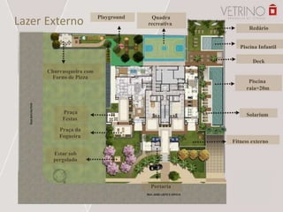 Lazer Externo Quadra
recreativa
Playground
Portaria
Redário
Piscina Infantil
Deck
Piscina
raia=20m
Solarium
Fitness externo
Churrasqueira com
Forno de Pizza
Praça
Festas
Praça da
Fogueira
Estar sob
pergolado
 