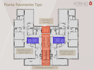 Planta Pavimento Tipo
Circulação de serviço
Elevador social
Aptos. final 1 Elevador social
Aptos. final 2
Elevador
serviço
 
