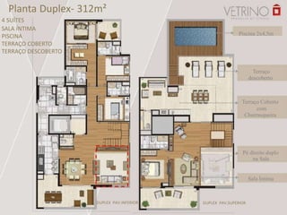 Planta Duplex- 312m²
4 SUÍTES
SALA ÍNTIMA
PISCINA
TERRAÇO COBERTO
TERRAÇO DESCOBERTO
Piscina 2x4,5m
Terraço
descoberto
Terraço Coberto
com
Churrasqueira
Pé direito duplo
na Sala
Sala Íntima
DUPLEX PAV.SUPERIORDUPLEX PAV.INFERIOR
 