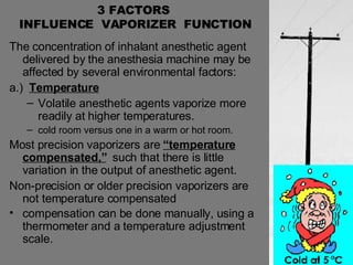 3 FACTORS  INFLUENCE  VAPORIZER  FUNCTION The concentration of inhalant anesthetic agent delivered by the anesthesia machine may be affected by several environmental factors: a.)  Temperature Volatile anesthetic agents vaporize more readily at higher temperatures. cold room versus one in a warm or hot room. Most precision vaporizers are  “temperature compensated,”   such that there is little variation in the output of anesthetic agent. Non-precision or older precision vaporizers are not temperature compensated compensation can be done manually, using a thermometer and a temperature adjustment scale. 