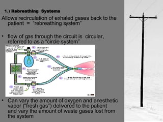 1.)  Rebreathing  Systems Allows recirculation of exhaled gases back to the patient  =  “rebreathing system” flow of gas through the circuit is  circular,  referred to as a “circle system” Can vary the amount of oxygen and anesthetic vapor (“fresh gas”) delivered to the patient  and vary the amount of waste gases lost from the system 