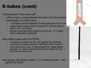 E-tubes (cont) Endotracheal Tubes with cuff: cuff provides a seal between the tube and the trachea Advantages of cuffed tubes cuff helps prevent leakage of waste gas around the tube cuffed tubes reduce risks of aspiration of fluids (blood, saliva, etc.) into lungs animal prevented from breathing room air  >>> better able to regulate anesthesia Use cuffed tubes with CAUTION: excessive pressure in the cuff against the tracheal mucosa can cause pressure necrosis of the mucosa  if the tube is too long, it will increase the “dead space volume”  or may be advanced into the animal too far  =  into one bronchus only use caution with laser surgery  >>> produces heat,  may ignite the tube!! 