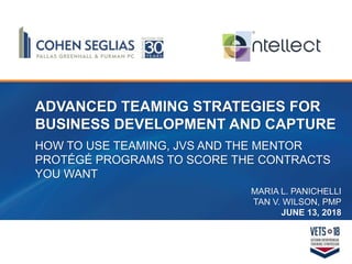 ADVANCED TEAMING STRATEGIES FOR
BUSINESS DEVELOPMENT AND CAPTURE
HOW TO USE TEAMING, JVS AND THE MENTOR
PROTÉGÉ PROGRAMS TO SCORE THE CONTRACTS
YOU WANT
MARIA L. PANICHELLI
TAN V. WILSON, PMP
JUNE 13, 2018
 
