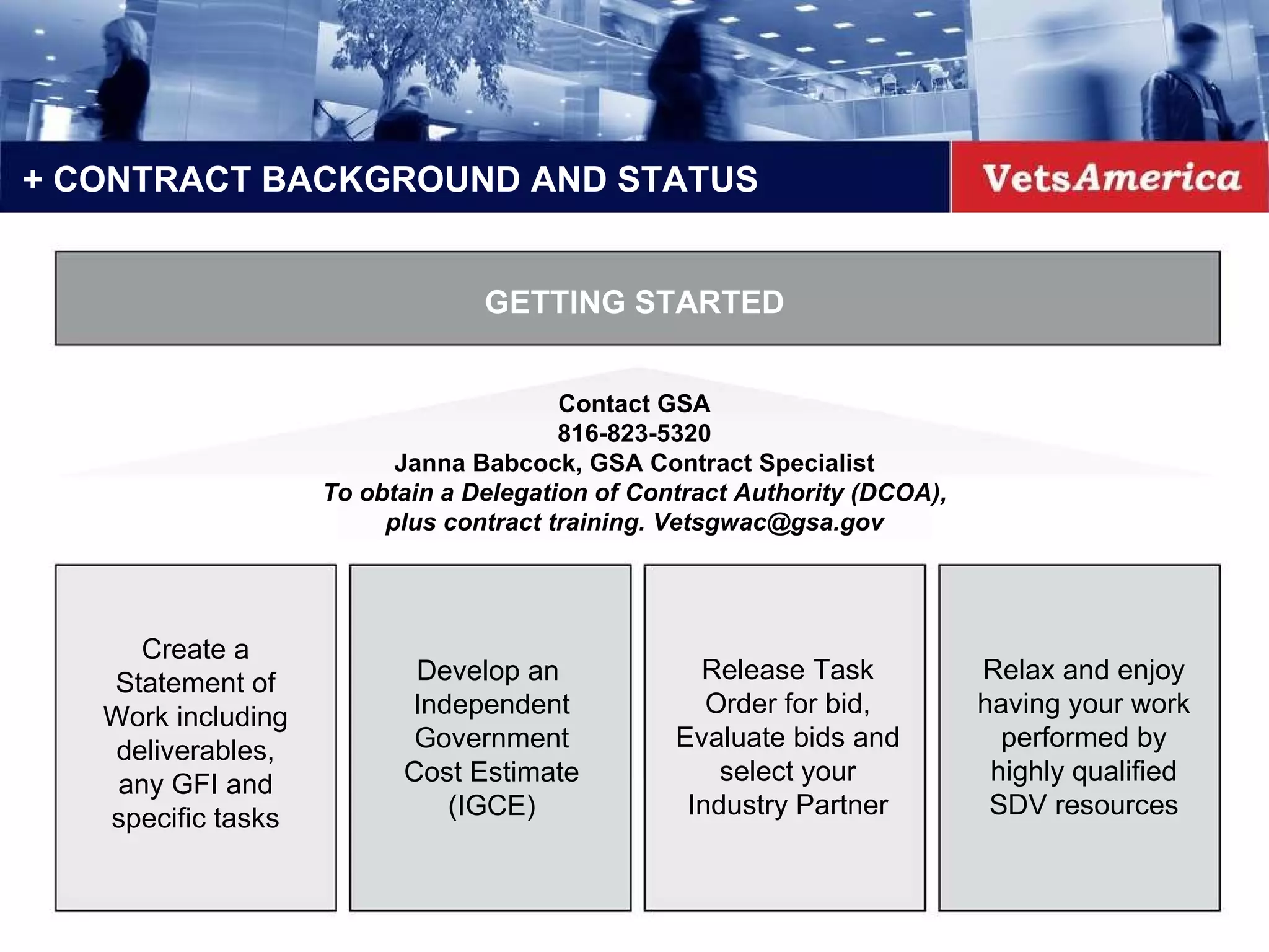 + CONTRACT BACKGROUND AND STATUS GETTING STARTED Contact GSA 816-823-5320 Janna Babcock, GSA Contract Specialist To obtain a Delegation of Contract Authority (DCOA), plus contract training. Vetsgwac@gsa.gov Create a Statement of Work including deliverables, any GFI and specific tasks Develop an  Independent Government Cost Estimate (IGCE) Release Task Order for bid, Evaluate bids and select your Industry Partner Relax and enjoy having your work performed by highly qualified SDV resources 