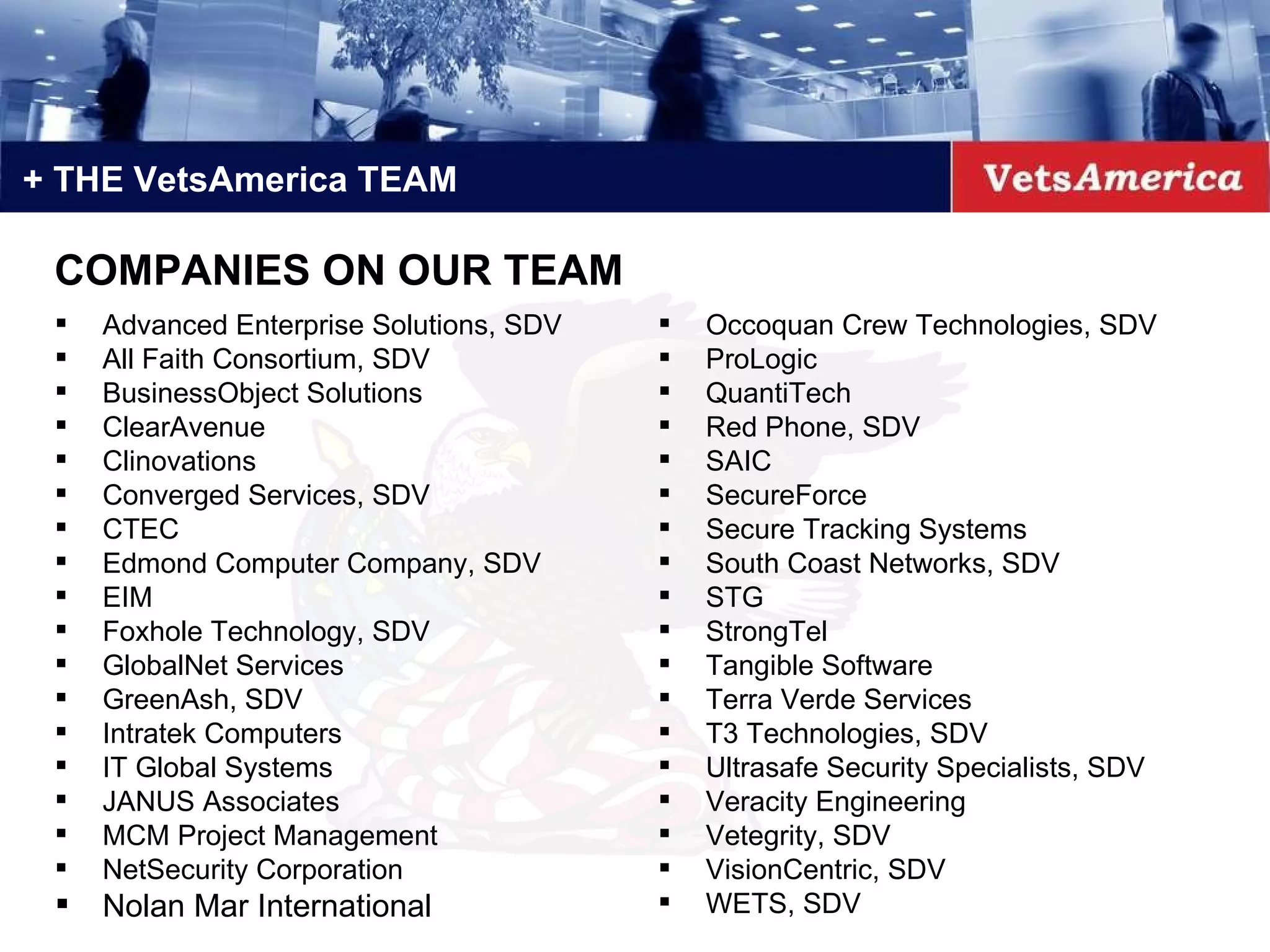 + THE VetsAmerica TEAM Advanced Enterprise Solutions, SDV All Faith Consortium, SDV BusinessObject Solutions ClearAvenue Clinovations Converged Services, SDV CTEC Edmond Computer Company, SDV EIM Foxhole Technology, SDV GlobalNet Services GreenAsh, SDV Intratek Computers IT Global Systems JANUS Associates MCM Project Management NetSecurity Corporation Nolan Mar International COMPANIES ON OUR TEAM Occoquan Crew Technologies, SDV ProLogic QuantiTech Red Phone, SDV SAIC SecureForce Secure Tracking Systems South Coast Networks, SDV STG StrongTel Tangible Software Terra Verde Services T3 Technologies, SDV Ultrasafe Security Specialists, SDV Veracity Engineering Vetegrity, SDV VisionCentric, SDV WETS, SDV 