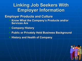Linking Job Seekers With Employer Information Employer Products and Culture   Know What the Company’s Products and/or Services Are Company History Public or Privately Held Business Background History and Health of Company 