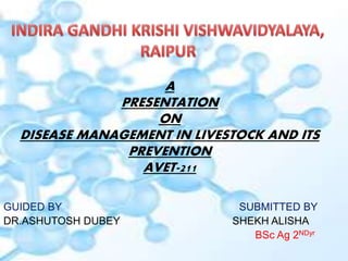 A
PRESENTATION
ON
DISEASE MANAGEMENT IN LIVESTOCK AND ITS
PREVENTION
AVET-211
GUIDED BY SUBMITTED BY
DR.ASHUTOSH DUBEY SHEKH ALISHA
BSc Ag 2NDyr
 