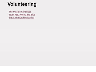 Volunteering
The Mission Continues
Team Red, White, and Blue
Travis Manion Foundation
 